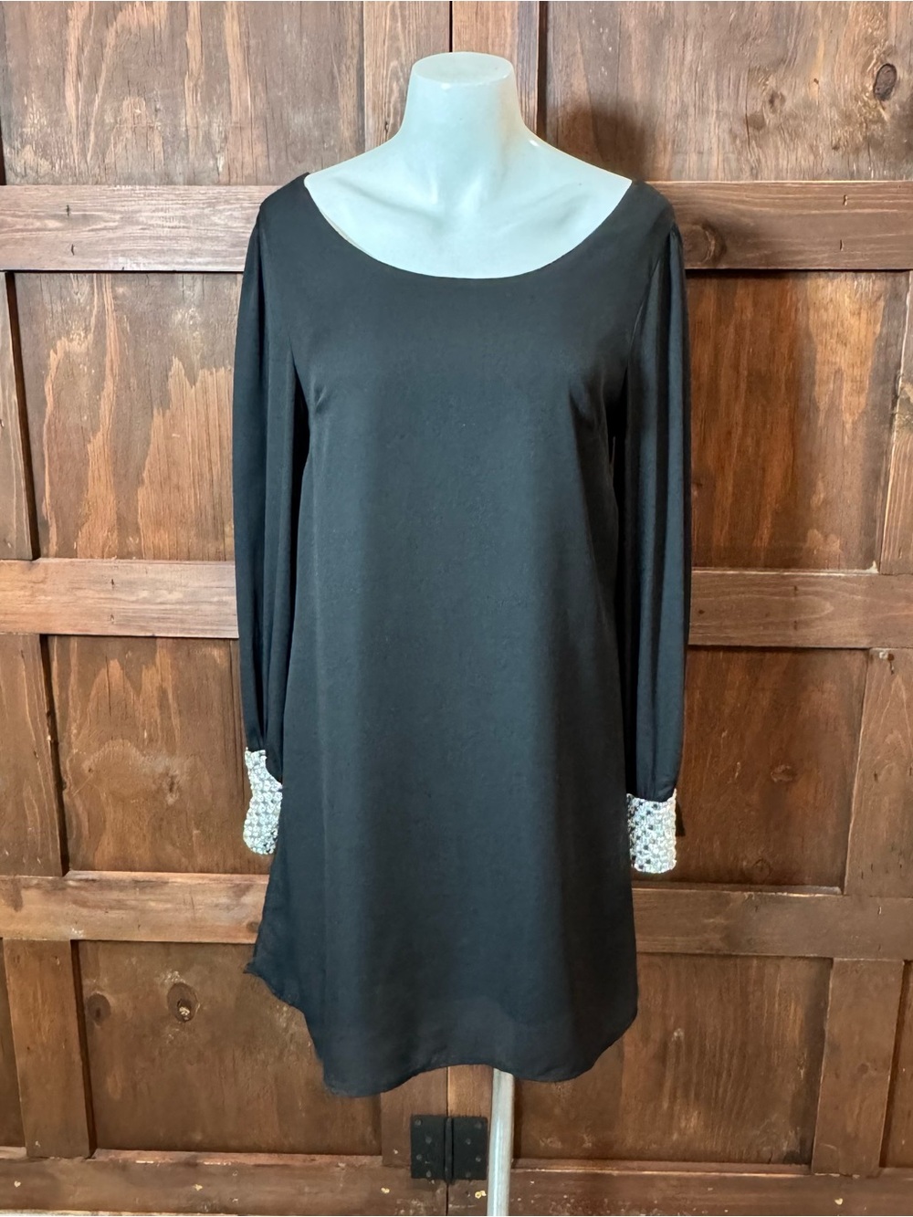 SHEIN Black Long-Sleeve Shift Dress with Beaded Cuffs
